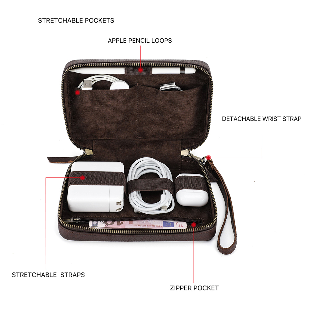 Genuine Leather Portable USB D - Electronics Gadgets Bag recension och pris